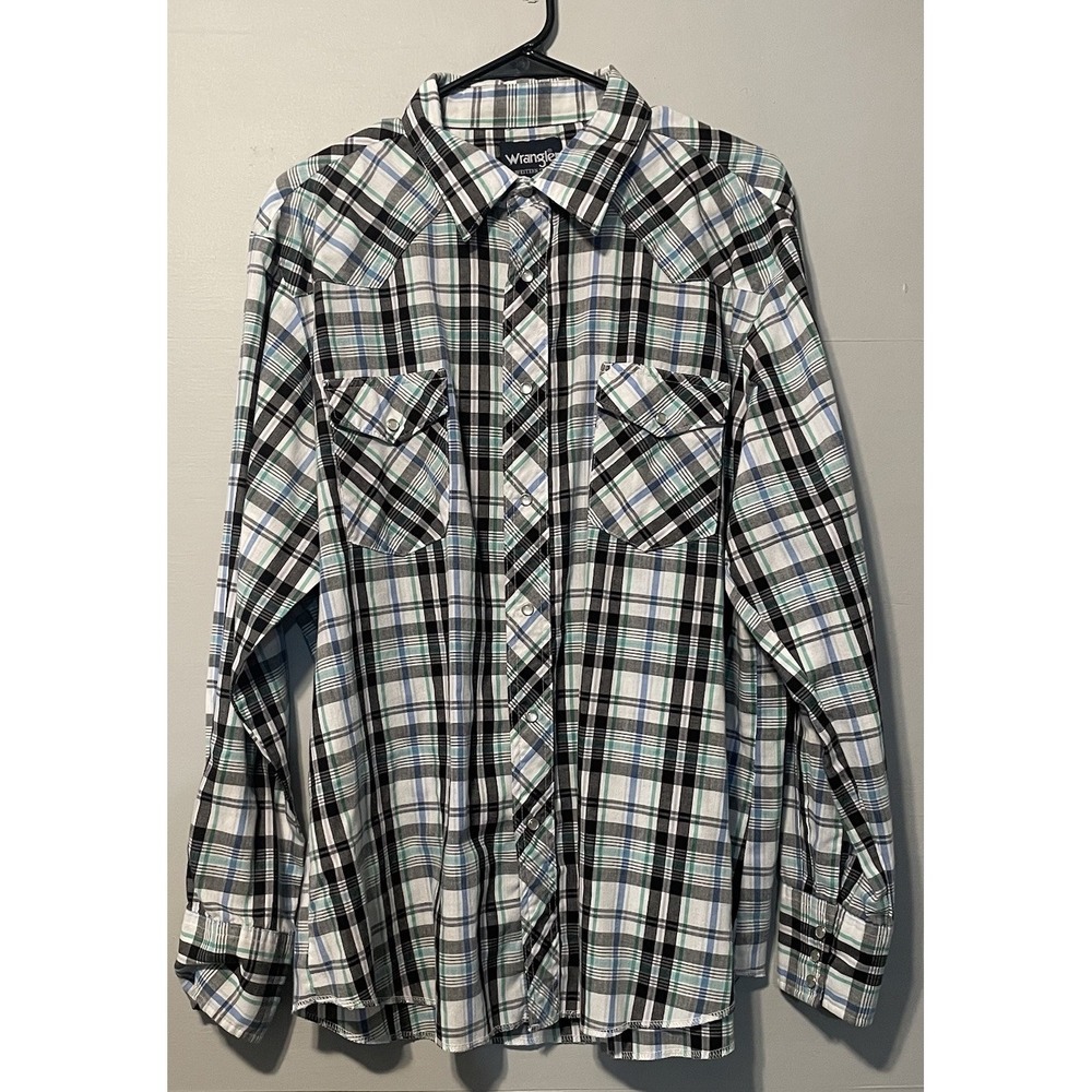 Vintage Wrangler Rodeo Western Pearl Snap Shirt‎ Mens XL Green Blue Black Plaid - Picture 2 of 5